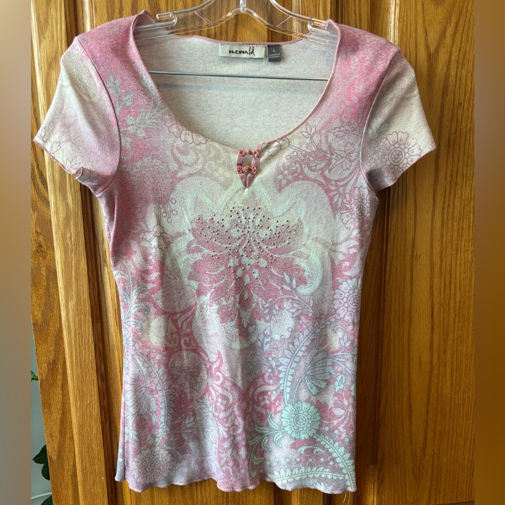 #32 ONE WORLD Pink Fitted Ribbed Short Sleeve T-Shirt S